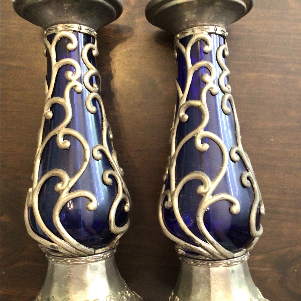 Cobalt blue glass and silver candle holders set
